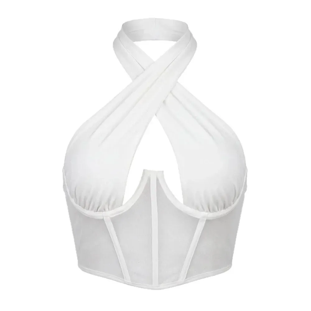 Fashion Solid Color Cross Halter Top Hollow Out Irregular Neckline Sleeveless Top Backless Camisole Summer Clothes