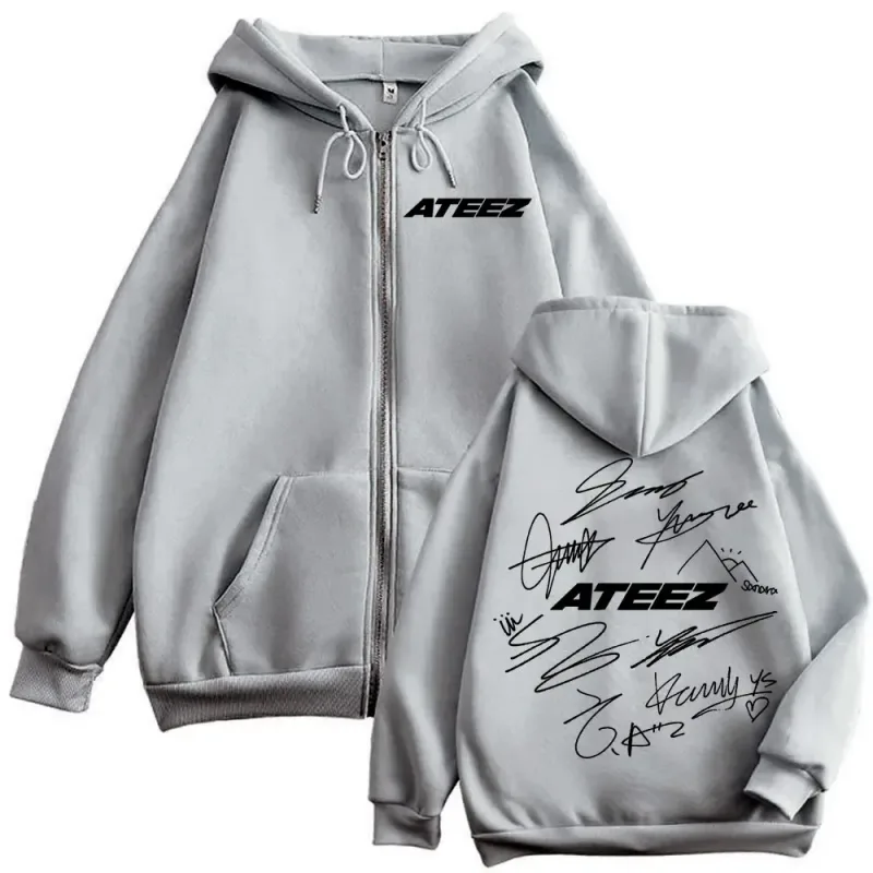 限定 Kpop ATEEZ ロゴ両面プリントジッパーパーカーファッションヒップホップジップアップスウェット男性女性カジュアル特大プルオーバー