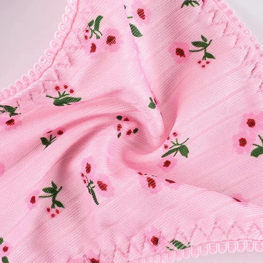 Women Cute Pink Ditsy Floral Wireless Bra Thong Set Adjustable Thin Spaghetti Straps Soft Daily Sleep Home Underwear Lingerie