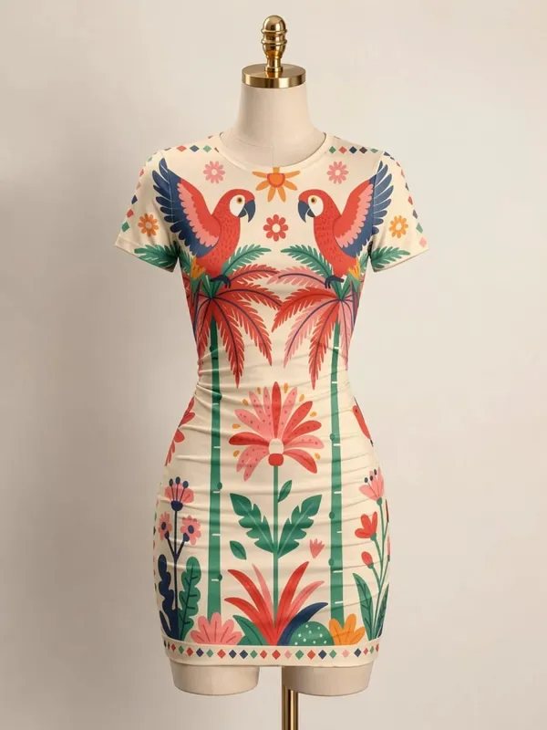 Pakaian Mini Bodycon Lengan Pendek Wanita Slim Fit Leher Krew Cetak Bunga Kasual Pesta Musim Panas Comel Regangan Bergaya Sundress