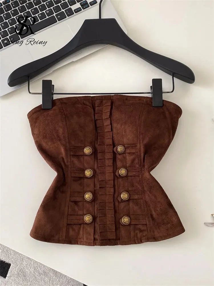 Fake Suede Senior Vintage Tank Top Autumn Female Metal Button Bodycon Top French Sensual Chic Commute Party Camisole