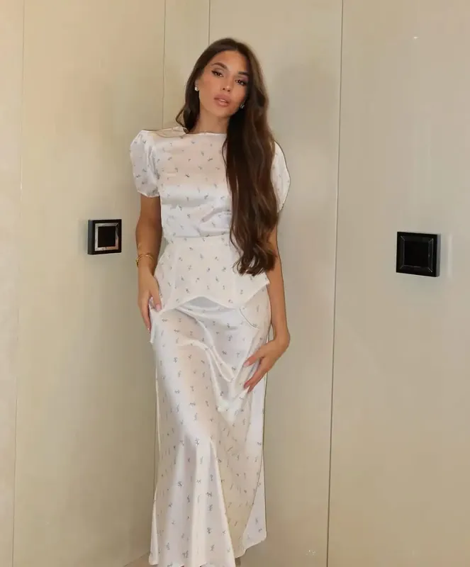 Women's White Floral Print Puff Sleeve Dress With Waistband Fashion Satin Ruffled Hem Maxi Dresses Lady 2026 Elegant Party Robe