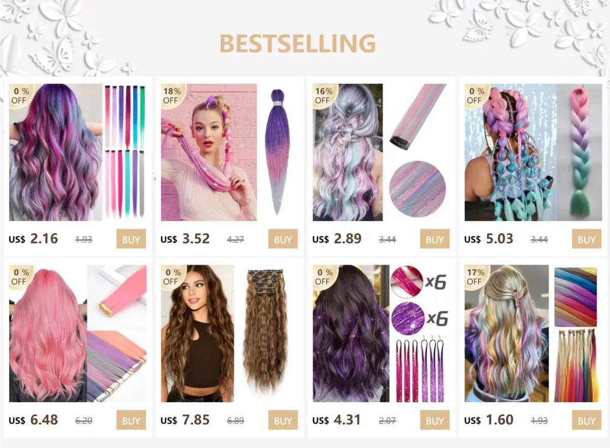 Klip dalam Sambungan Rambut One Piece 6pcs/pek Warna Unicorn Pelangi Merah Jambu Biru Ungu Klip Warna Campuran dalam Aksesori Rambut Sintetik — image 8
