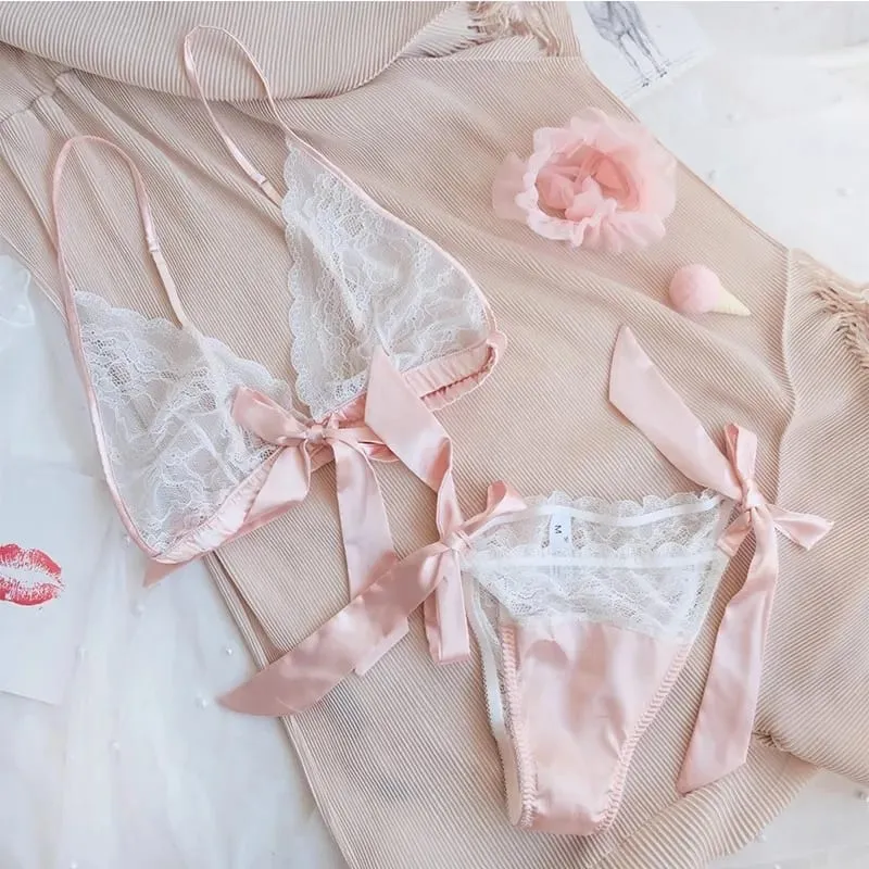 Fransk sexet lingeri blonder flæser trådfri bh og trusse med strømpebånd undertøjssæt Temptation se gennem ultratynd bh-sæt