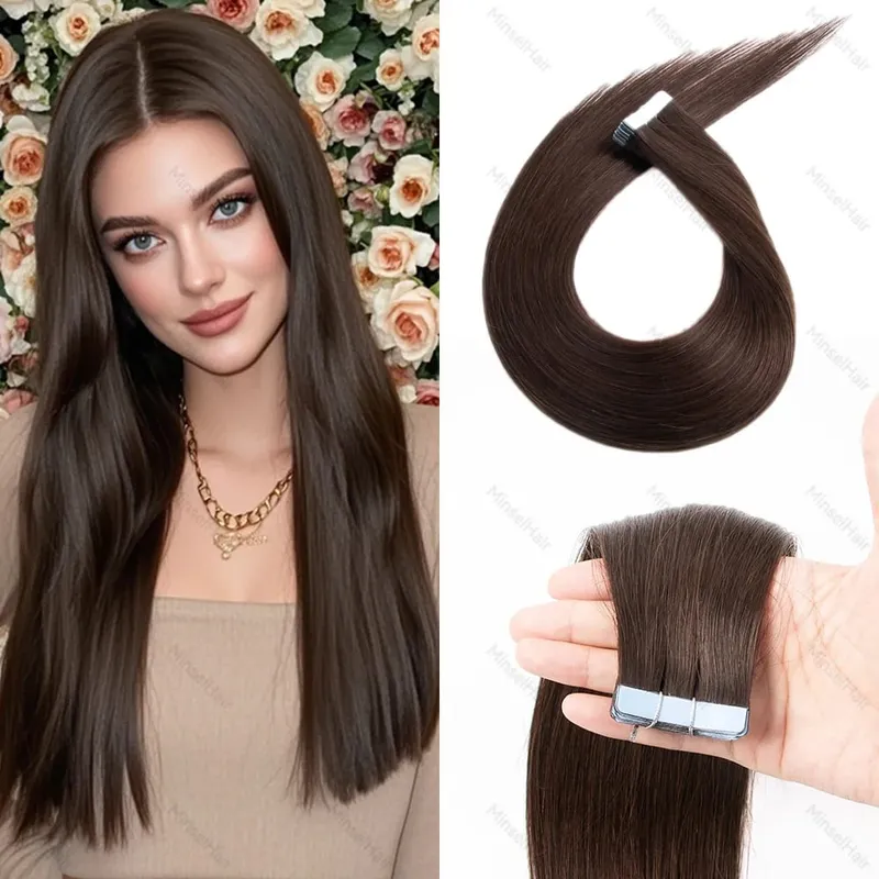 Brown Russian Tape in Hair Extension Real Human Hair Cuticle Aligned Premium Remy Adhesive Europen Tape Ins 14-22inch 20-60pcs