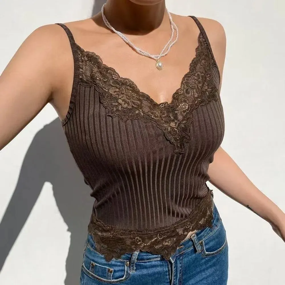 Y2K Sleeveless Lace Tank Top for Women Sexy Lace Trim Crop Tops Slim Fit V-Neck Basic Camisole Summer — image 3
