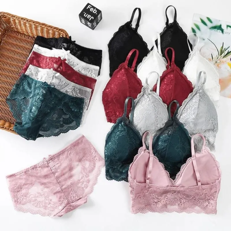 Lace Bra Set for Women Wirefree Bralette Front Criss‑Cross Floral Lace Underwear Sexy Lingerie 2‑Piece Bra And Panty Kit