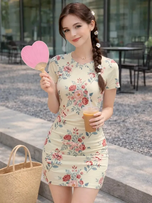 Womens Short Sleeve Bodycon Mini Dress Slim Fit Crew Neck Floral Print Casual Summer Party Elegant Lightweight Clubwear Sundress