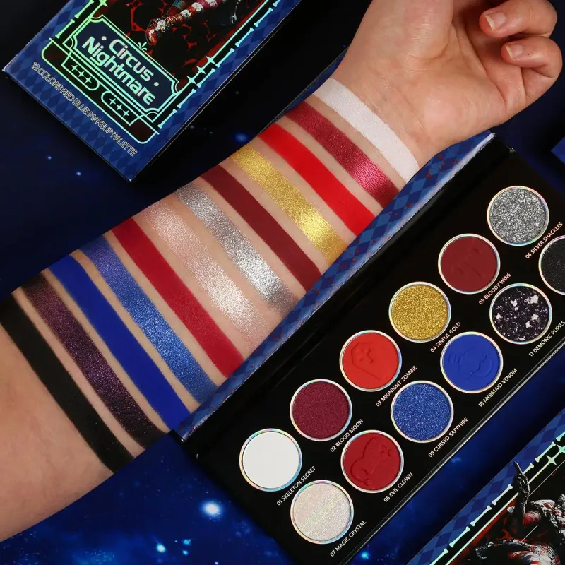 Ögonskuggspalett 12 färger Chameleon Metallic Silver Shimmer Svart Goth Clown Halloween Long Wear Vegansk ögonmakeup 17g