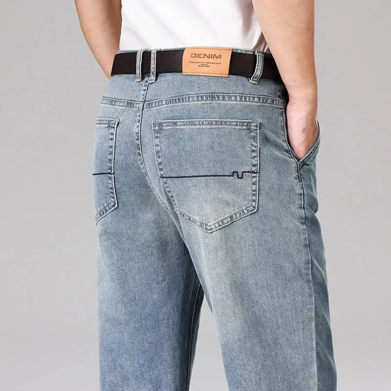 2026 Summer Men's Business Casual Thin Straight Jeans 90% Cotton Soft Stretch Fabric Baggy Denim Pants Male Brand Trousers