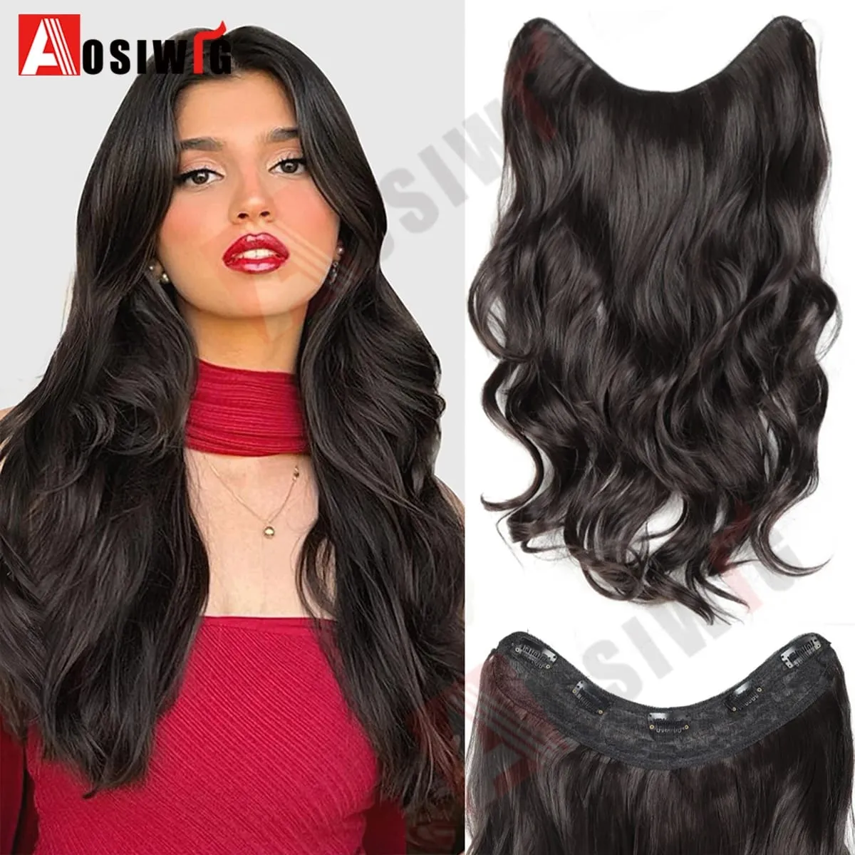 20Inch Synthetic Long Wavy Curly 5 Clip in Hair Extension Fashion Invisible V-shaped Heat Resistant Black Hairpiece for Women