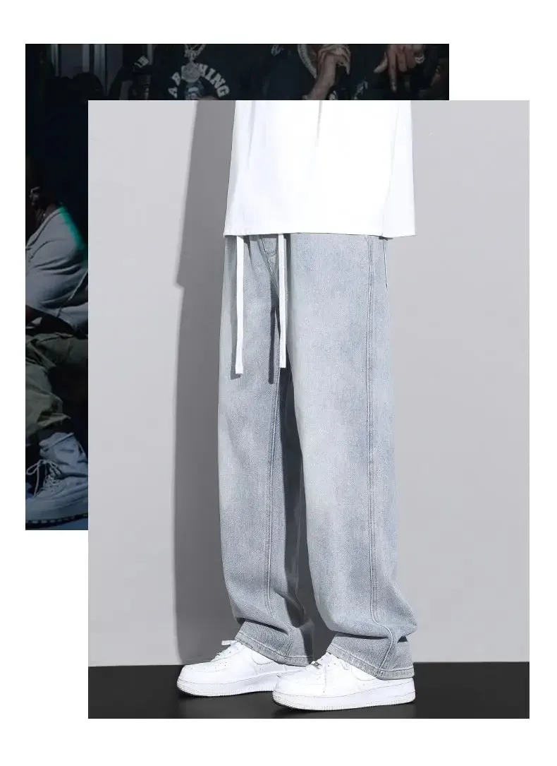 Men's Straight Leg Jeans American High Street High-quality Drawstring Design Daily Casual Loose Pants Washed Polished White