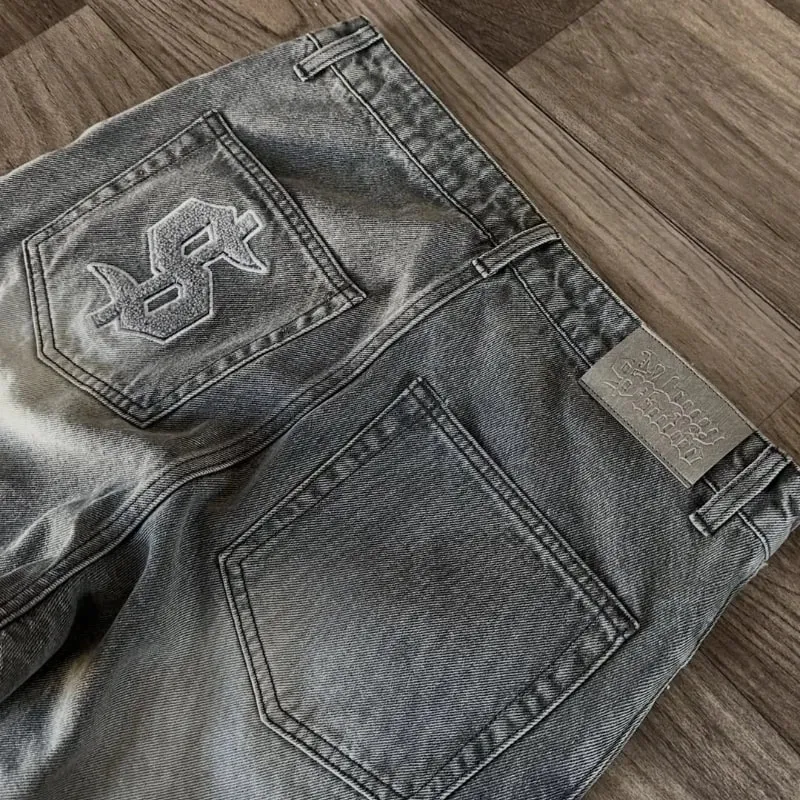 Y2K Retro Jeans Light Color Dollar Pattern Embroidery Splice Denim Pants Gothic Hip Hop Streetwear Men Women Fashion Baggy Pants