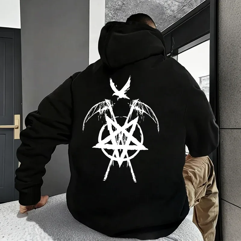 2025 Trendy Mens Hooded Sweatshirts Satan Pentagram Print Autumn Winter Casual Sportswear Urban Fashion Hoodies Male Top Outwear
