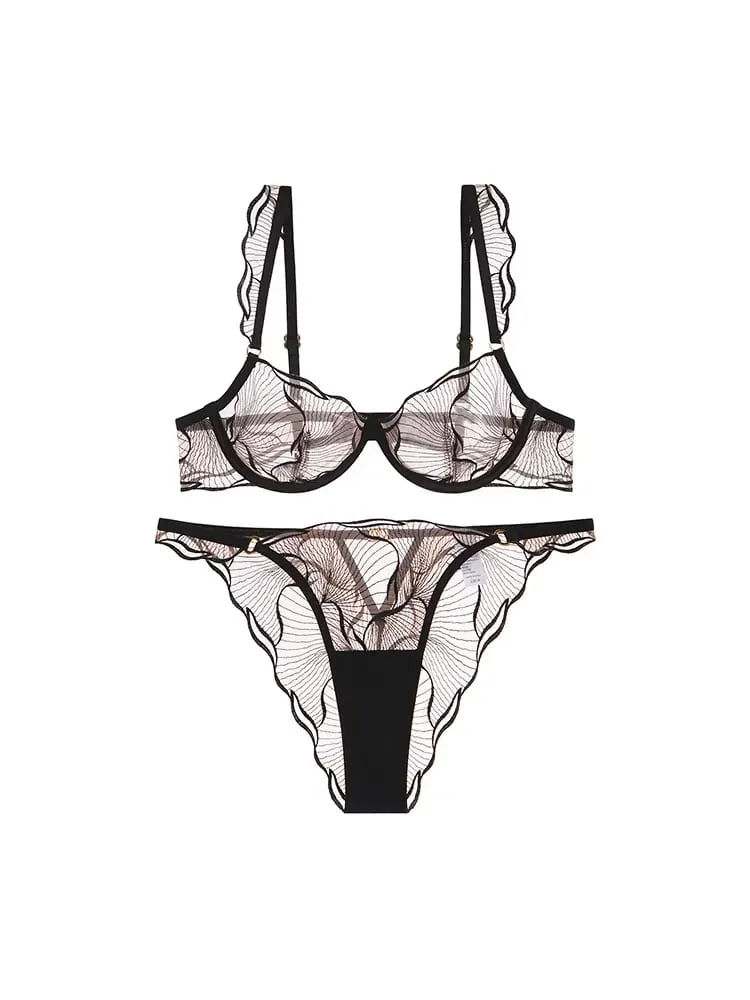 European Style Ultra Thin Sheer Lace Lingerie Set Embroidery Minimizer Bra Big Bust Support Slim Fit Underwear S-XL Size 32-38