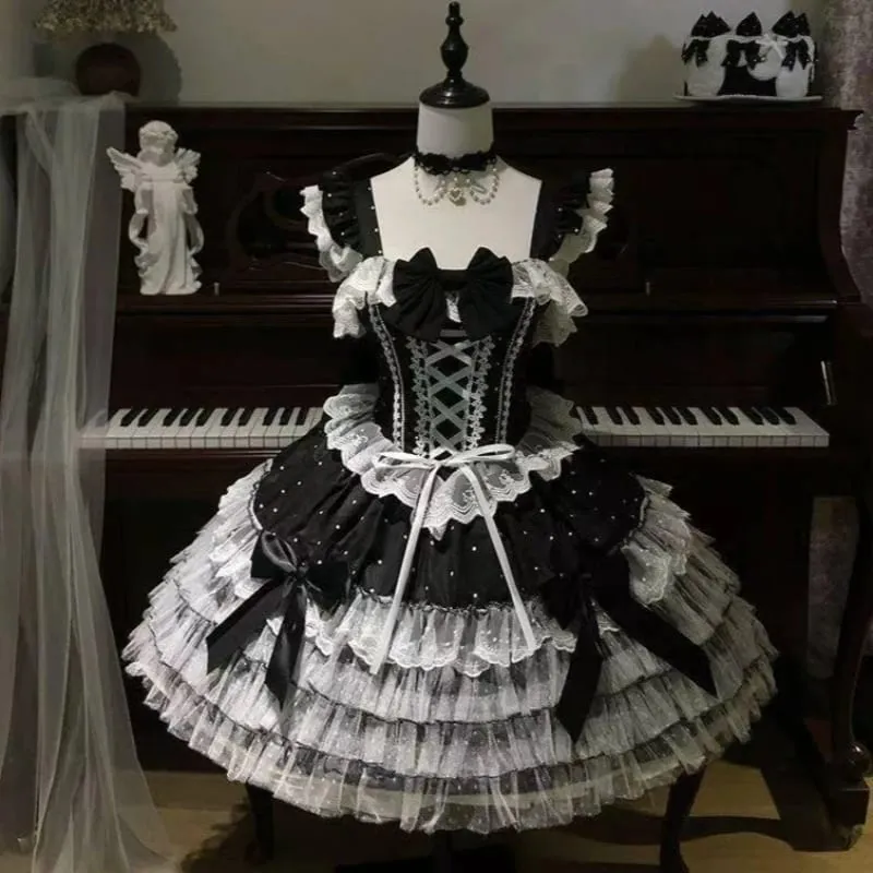 Cosplay Clothing Girls Vintage Elegant Holiday Party Dress 2026 Summer Lolita Strap Dress Japanese Sweet Kawaii Style Y2K Lace
