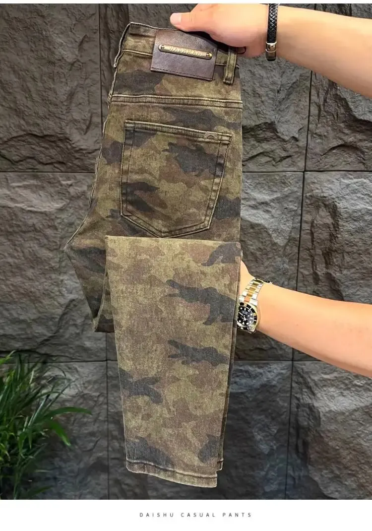 Jeans Men Italy Luxury Washed Men's Camouflage Jeans Slim-fit Straight-leg Pants 2026 New High-end Fashion Casual Long Pants