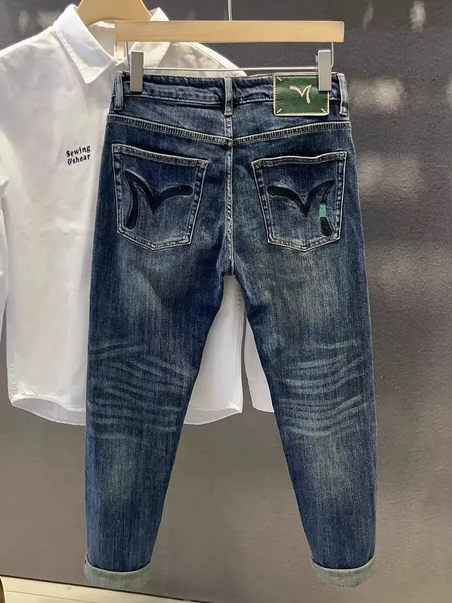 Menswear Clothing Retro Jeans Men's Spring and Summer 2025 New High-end Embroidered Trousers Small Straight Feet Slim Trend Men