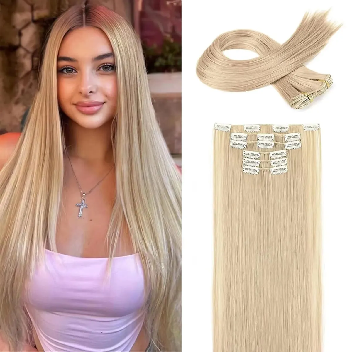 6Pcs Clip in Hair Extensions 24" Long Straight Heat Resistant Synthetic Clips on Hair Piece for Women Daily Wear