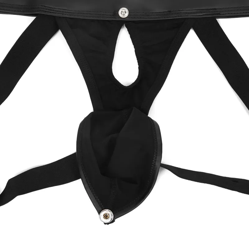 Men Faux Leather Gstring Thongs Underwear with Detachable Pouch Open Butt Low Waist Underpants for Comfortable Wear