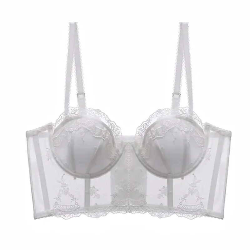 French Fishbone Corset Top Women Lace Lingerie Set Outer Wear Bra Thin Push‑Up Less Bust Side Support Underwear 32‑38
