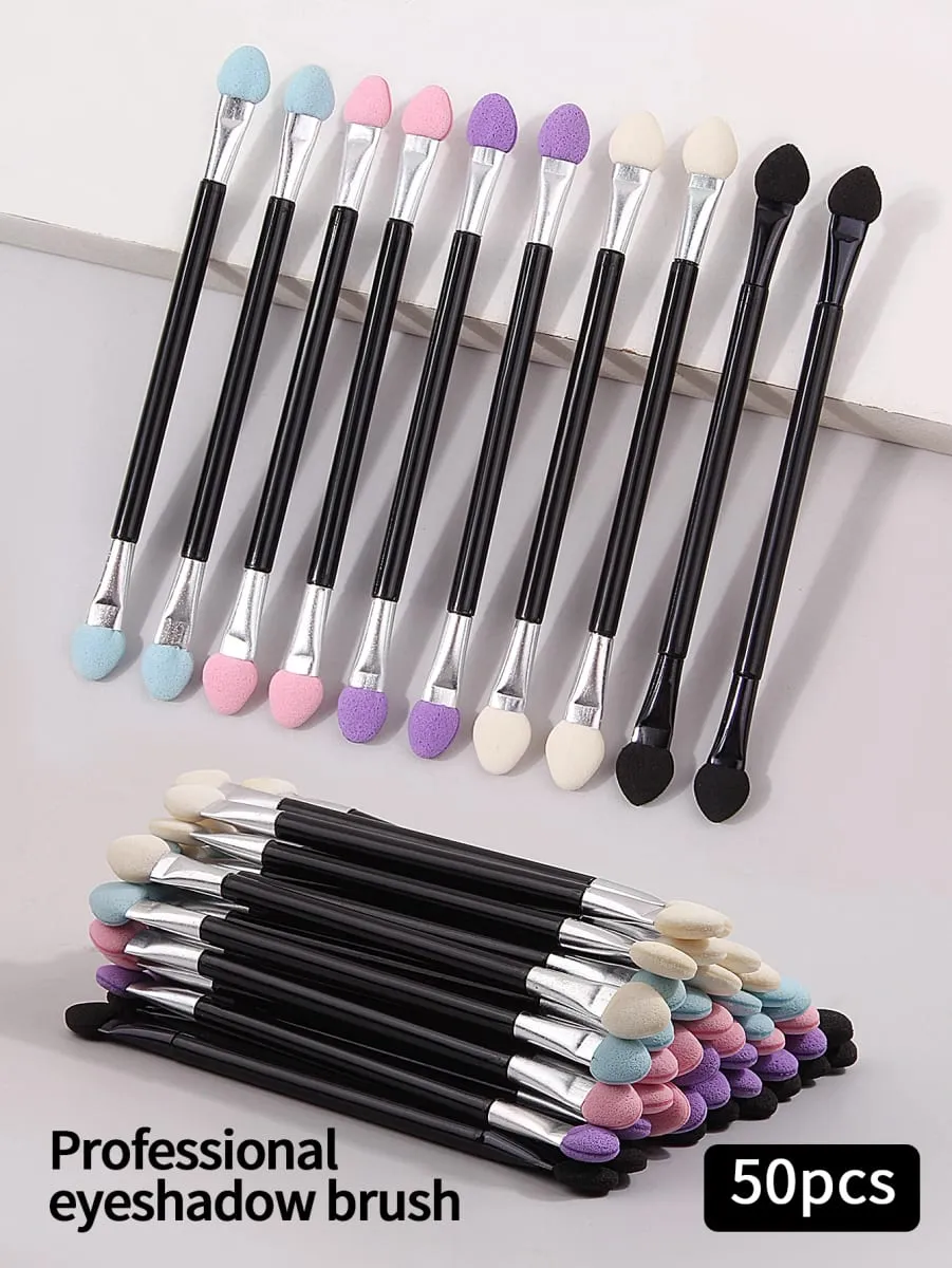 50ks oboustranných štětců na oční stíny Módní Užitečné Aplikátory s houbičkou s dlouhou rukojetí Lip Eye Brow Brush Beauty Makeup Tool