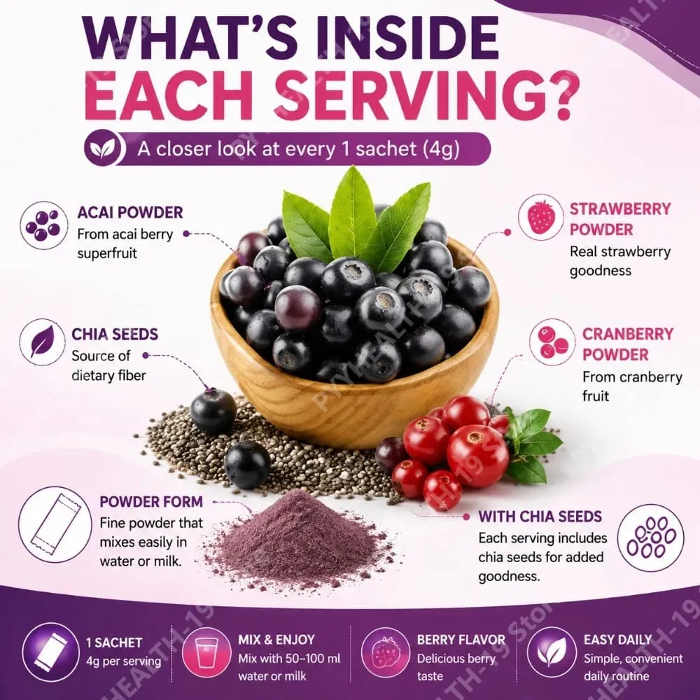 Acai Berry เครื่องดื่มผงเมล็ดเจียสตรอเบอร์รี่แครนเบอร์รี่สำหรับสารต้านอนุมูลอิสระ Daily Wellness & ระบบภูมิคุ้มกันสนับสนุนผู้ใหญ่ 40g