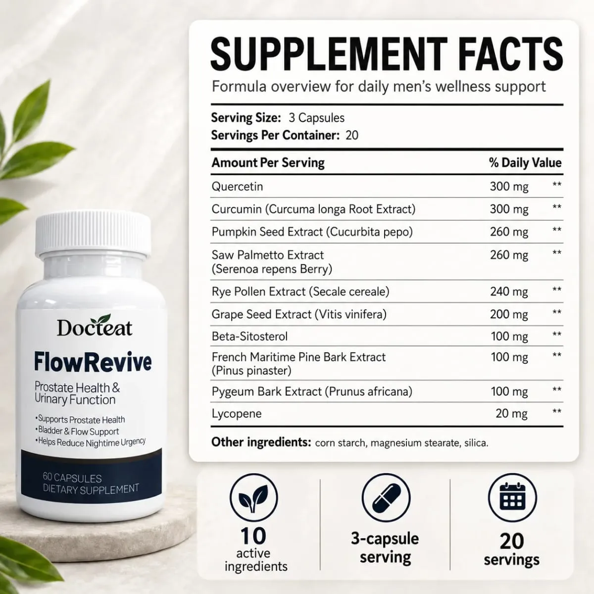Men Prostate Health Capsules 60 Count Saw Palmetto Pumpkin Seed Beta-Sitosterol Quercetin Curcumin Daily Urinary Flow Support