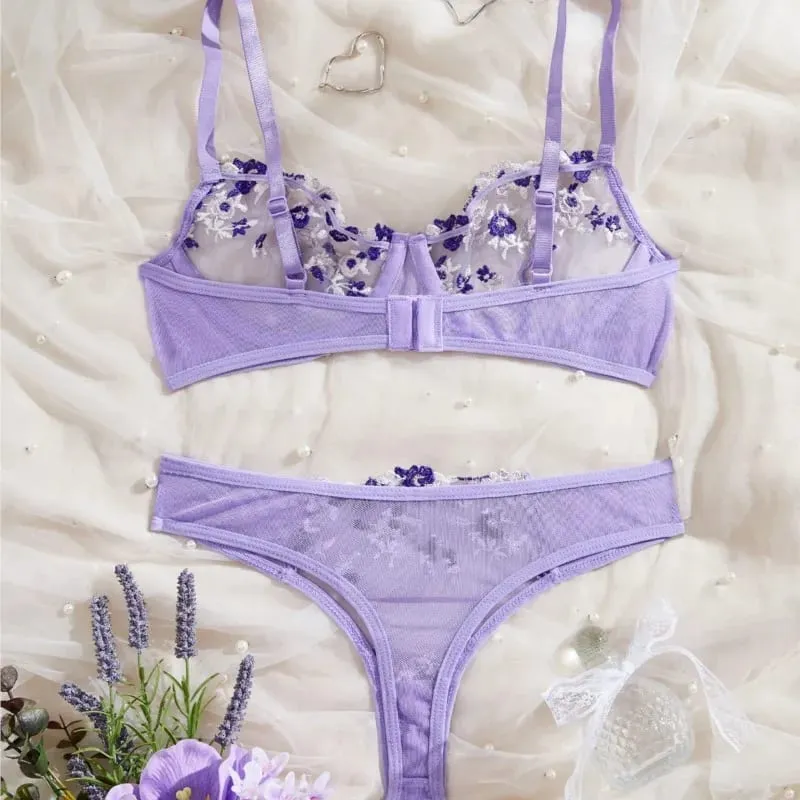 Beha Transparante Dame Bloemen Borduren Lingerie Set Vrouwen Pure Bh En Korte Ondergoed Set Satijnen Sexy Intimi Ondergoed