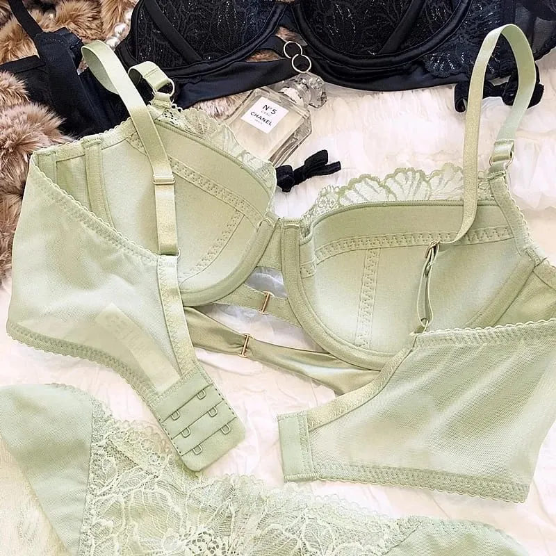 New Big Size Thin Cotton Lace Lingerie Set For Women Sexy Push Up Ladies Underwear Panties Hollow Out Female Intimates