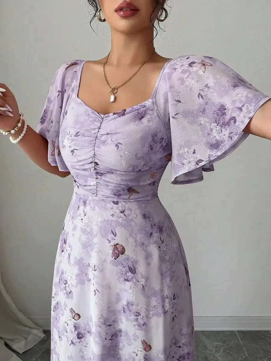 Women's Sweet French Style Mini Dress with Purple Butterfly Print Batwing Sleeves & Back Zipper