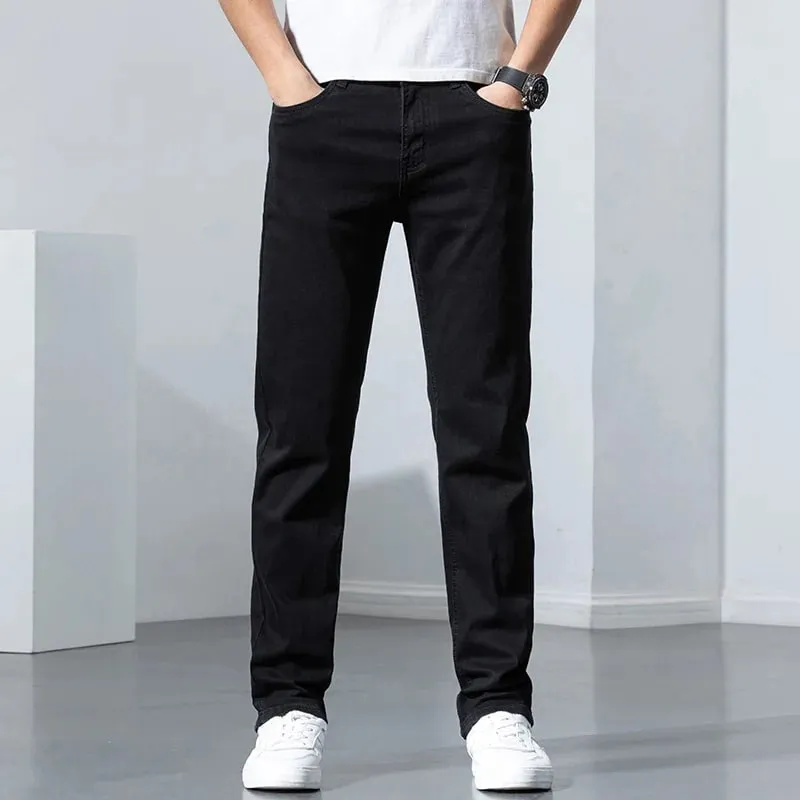 2026 clássico masculino calças de brim retas homme pantalon streetwear macio preto azul masculino denim mans calças