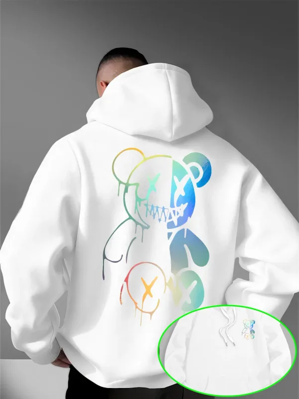 Loose Oversized Men Hoodies Holographic Split Evil Bear Front Back Dual Print Pullover Sweatshirt Dark Street Daily Hooded Tops