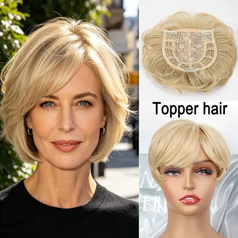Synthetic Short Toppers Hair for Women Fluffy Covering Volume Hair Pieces With Bangs Fake Hairpiece for Thin Hair