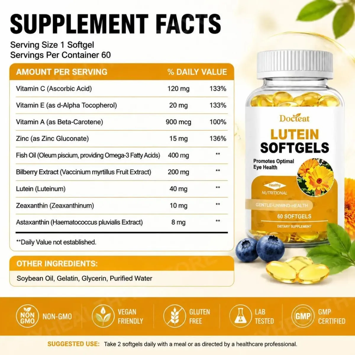 Docteat Lutein Zeaxanthin Softgels with Bilberry Fish Oil Astaxanthin Eye Health Daily Wellness Supplement for Adults60 Softgels