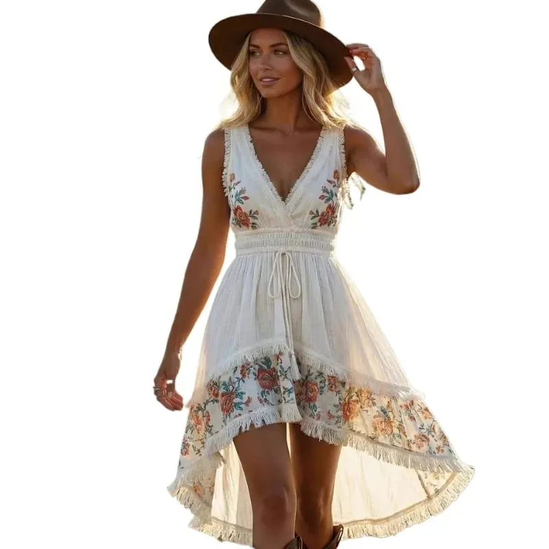 2026 New Retro Western Cowgirl Floral Embroidered Mini Dress Women V‑Neck Sleeveless Fringe High Low Hem Vacation Beach Sundress