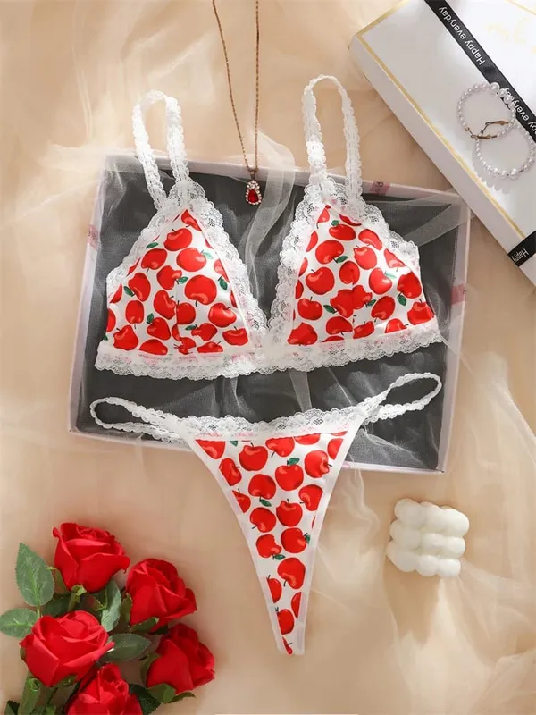 Ensemble de Lingerie imprimé pomme pour femmes, 2 pièces, soutien-gorge et string sans fil, Bralette, motif de fruits doux, sous-vêtements intimes en dentelle