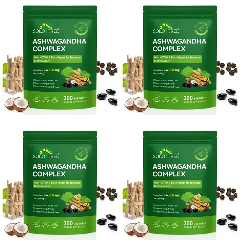 A Solo Tree Ashwagandha Complex lágyzselé támogatja a stresszoldást, megnyugtatja a mentális tisztaságot MCT olajjal és fekete borssal 300 lágyzselével