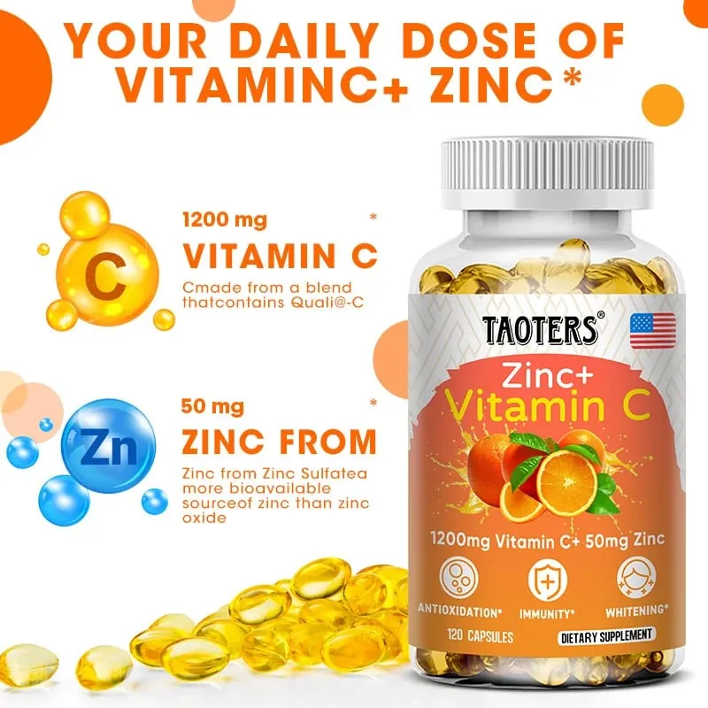 1200 Mg Vitamin C Capsules - with Zinc - Immune System and Collagen Booster Non-GMO and Gluten-Free Vegetarian