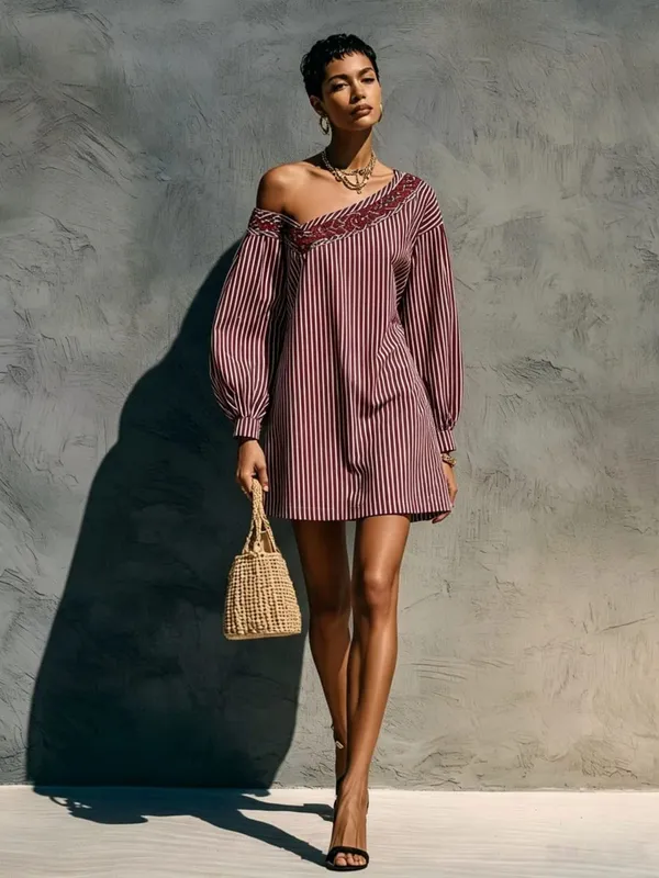 Loose Simple Dress With Stripes Fashionable Autumn Winter Street Style Long Sleeved Embroidered Shoulder Length Short Dresses