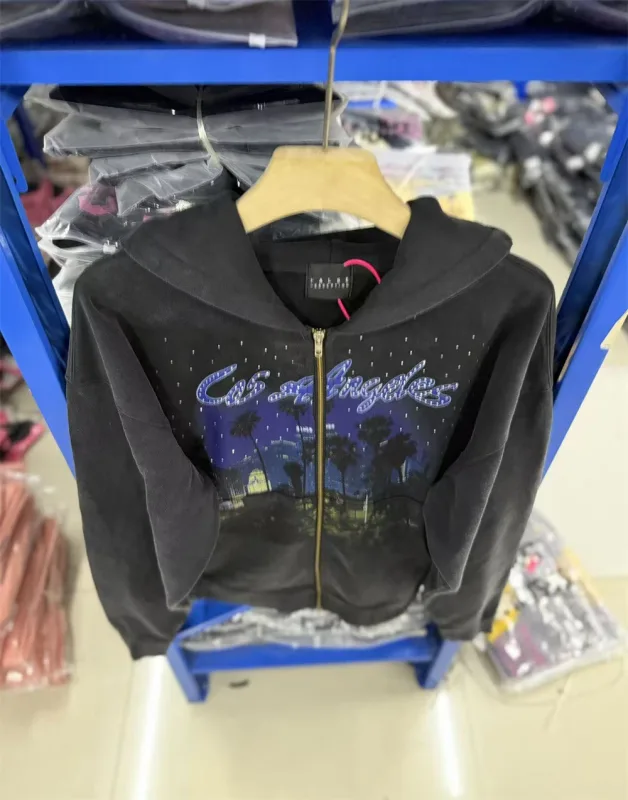 False Rhinestone Starry Sky Pattern Print Washed Zipper Loose Hoodie Street Casual Cotton Versatile Sports Trendy Sweatshirt