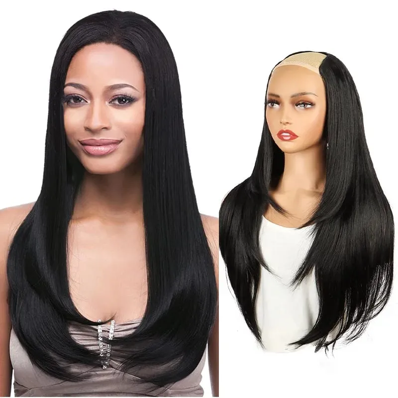 Synthetic Long Straight 22Inch Layered Clip-in Hair Extension V-shaped Black Blonde Invisible Hairpiece for Women Party Girl