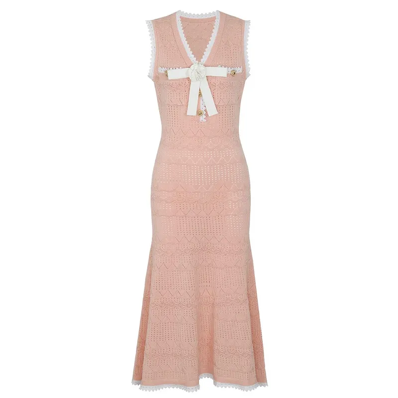 Summer Elegant Knitted Dresses for Woman 2026 Fashion New Sleeveless Bowknot Midi Casual Party Dress Pink White Vestidos
