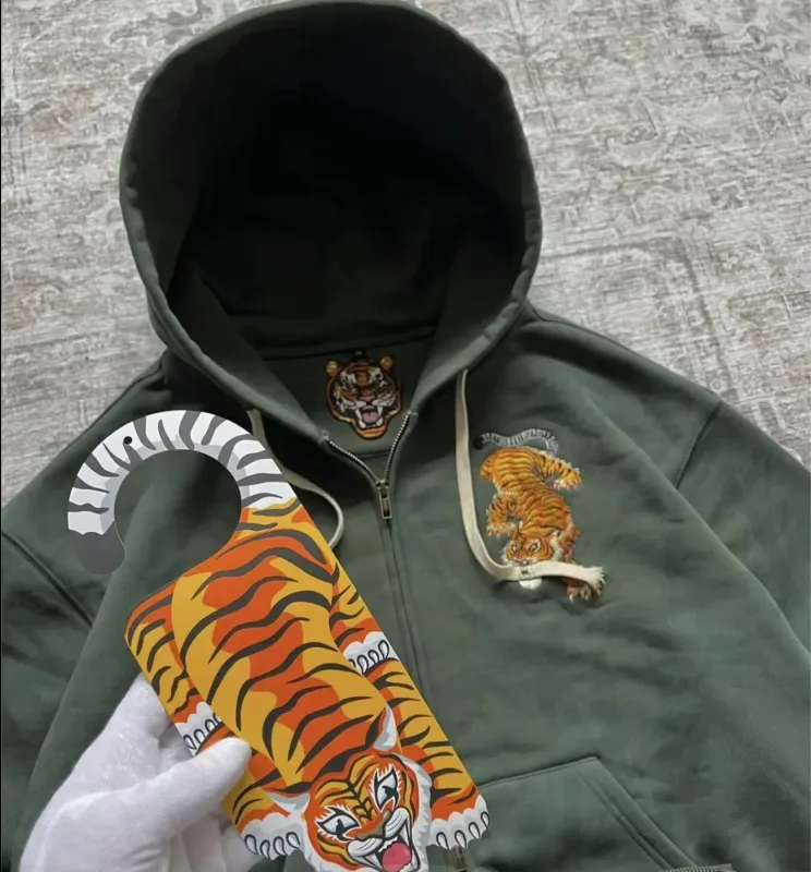 Y2K Tiger Claw Embroidery Vintage Double Zipper Loose Hoodie Sweatshirt for Men and Women Harajuku Trendy Casual Street Style