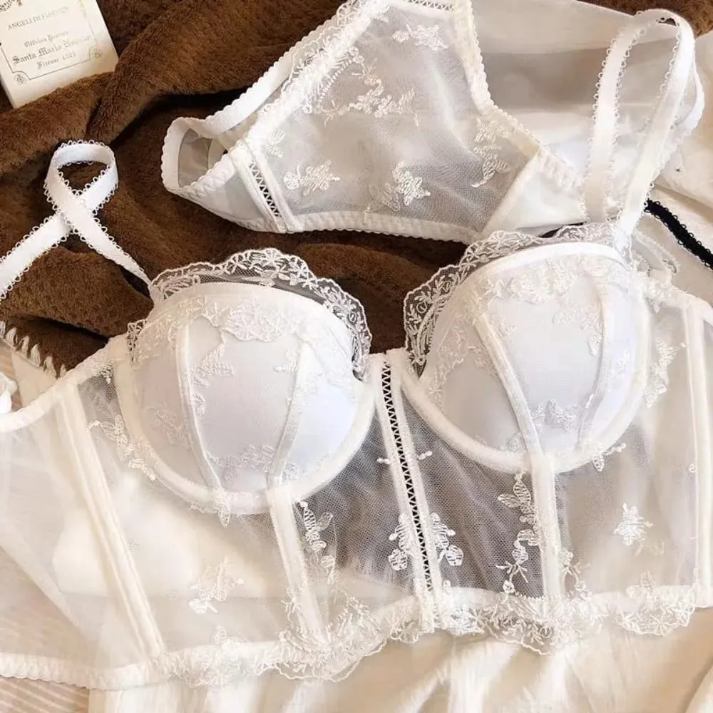 Vintage fransk halv kop broderi blonder longline korset bh sæt sexet push-up buste støtte forme lingeri 2 stk undertøj dragt