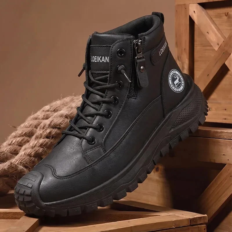 Men High Top Casual Sneakers Side Zipper Lace‑Up Thick Non‑Slip Sole Durable Footwear For Daily Walking Commuting Street Wear
