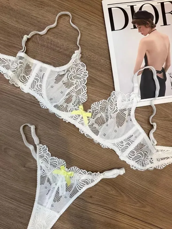 Logirlve French Sexy Women Underwear Set Ultra Thin Lace Embroidery Bra Set Comfort Breathable Brassiere and T-back Lingerie Set
