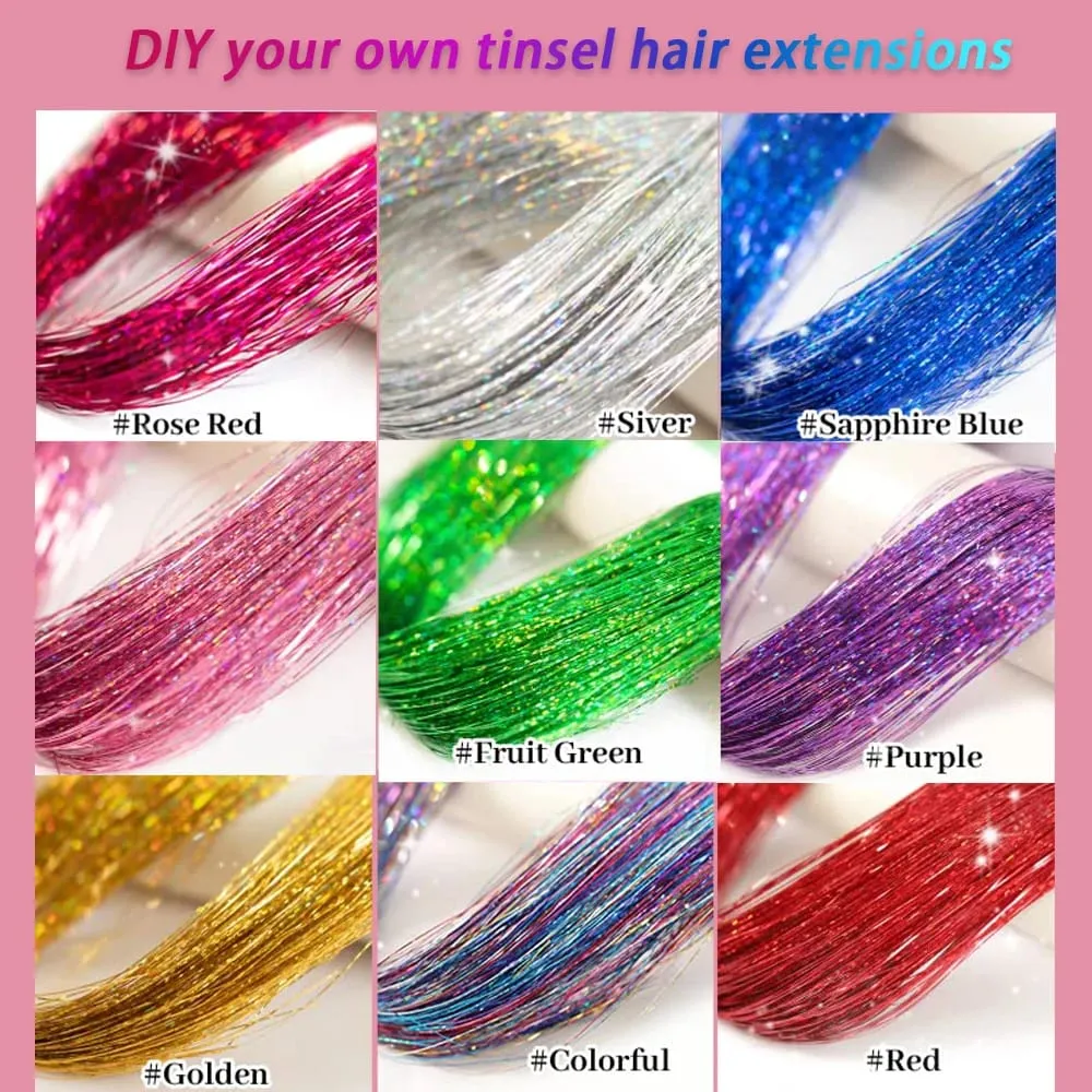 12 Pcs Colorful Clip in Hair Tinsel Extensions Fairy Glitter Hair Accessories synthetic 20‘’ Party Kit for Women Girls Kids