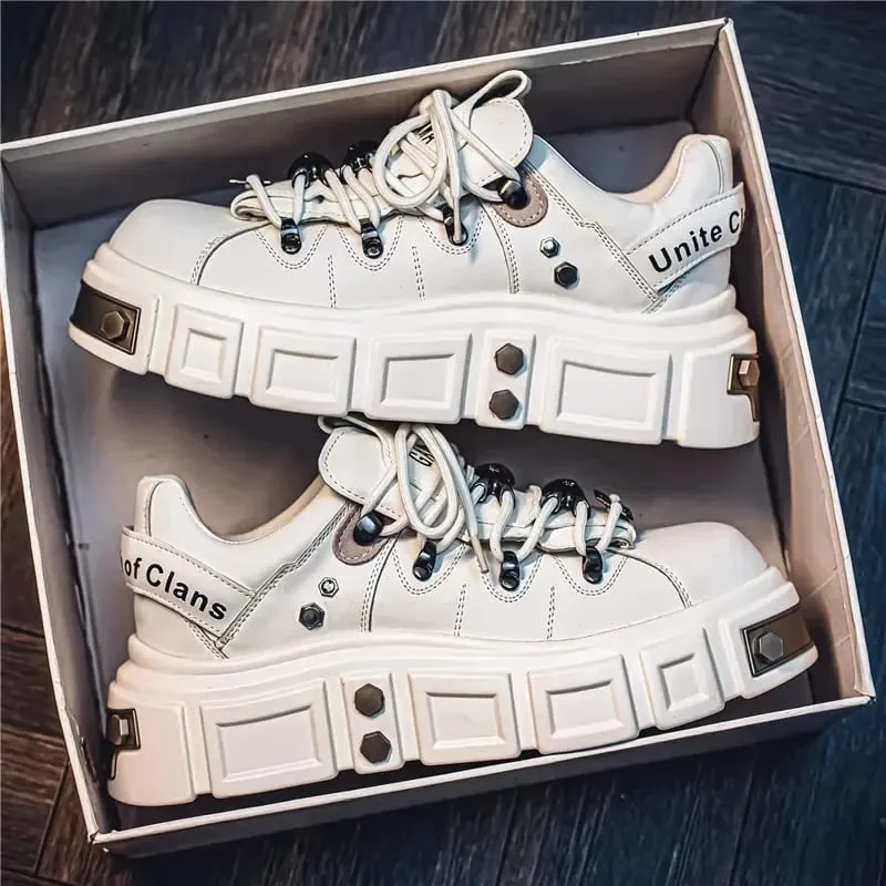 Shoes for Men Metal Punk Platform Sneakers Fashion Designer Brand Thick Soled Board Shoes Clunky Leather Shoes Zapatos De Hombre