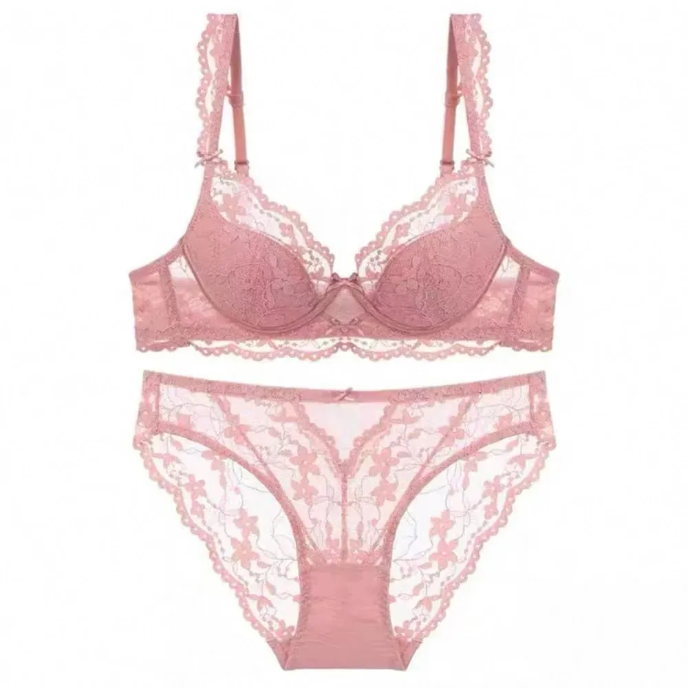 French Flutter Sleeve Lace Women Bra Set Soft Underwire Thin Breathable Sexy Minimizer Beauty Back Lingerie 32‑38 AB